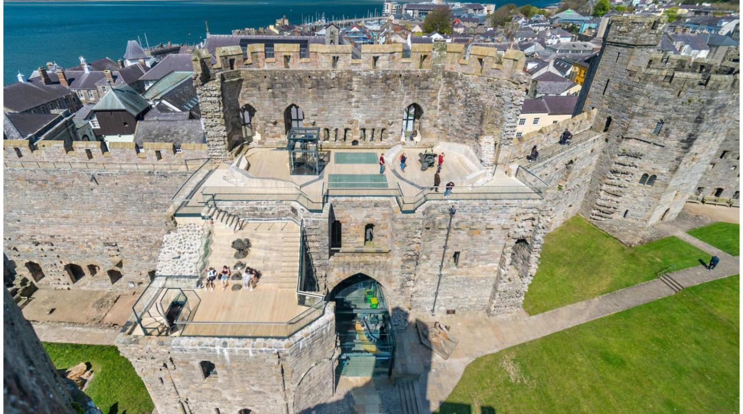 Caernarfon Castle aerial view of Kings Gate